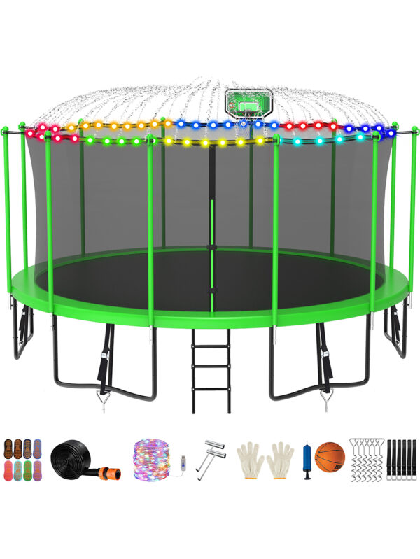 Elitezip Trampoline 16FT with Basketball Hoop and Lights Sprinkler Socks Enclosure, 1500LBS Weight Capacity Backyard Outdoor Trampoline for Adults and Kids, Trampoline for Gift, Family Use